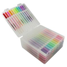 a plastic box filled with lots of different colored pens