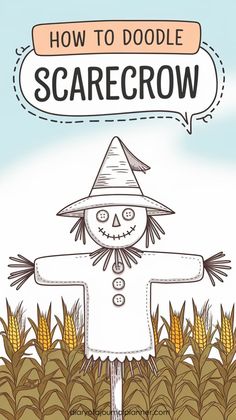 a scarecrow standing in the middle of a field with an empty speech bubble above it