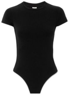 Fitted Black Short Sleeve Elastane Bodysuit, Fitted Black Short Sleeve Bodysuit In Elastane, Black High Stretch Short Sleeve Bodysuit, Black Fitted Crew Neck Bodysuit, Fitted Black Crew Neck Short Sleeve Bodysuit, Black Fitted Crew Neck Short Sleeve Bodysuit, Black Fitted Short Sleeve Crew Neck Bodysuit, Fitted Cotton Bodysuit With Crew Neck, Fitted Black Short Sleeve Bodysuit With Crew Neck