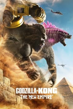 godzilla - kong the new empire movie poster with gorilla and other animals in front of pyramids