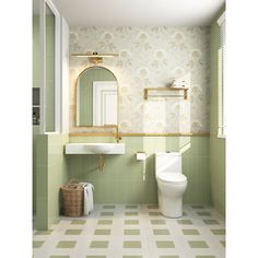 a bathroom with green and white tile flooring