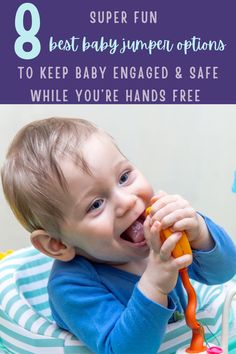 a baby is chewing on an orange toy with the words 8 super fun best baby jumper options to keep baby engaged and safe while you're hands free