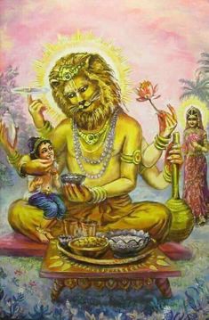 an image of the hindu god sitting in front of a plate with food on it