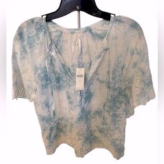 Anthropologie Olivia Embroidered Tie Dye White Blue Blouse New With Tags Size Xs Pit To Pit: 19” Length: 22” One Shoulder Ruffle Top, Embroidered Tie, Lace Trim Blouse, Lace Sleeve Top, High Neck Blouse, Red Boho, Balloon Sleeve Blouse, Lace Peplum, Striped Turtleneck