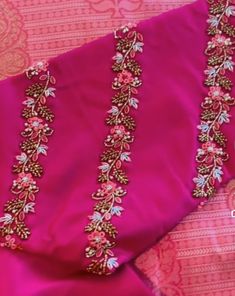 Simple Aari Work Blouse Design With Net, Simple Elegant Aari Work Blouse Design, Pink Silk Blouse Designs, Pink Blouse Designs For Saree Silk, Pink Aari Work Blouse Designs, Maggam Blouse, Flower Machine Embroidery Designs