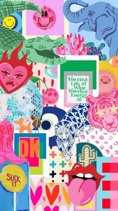 a collage of various colorful images with words and symbols on them, including an elephant