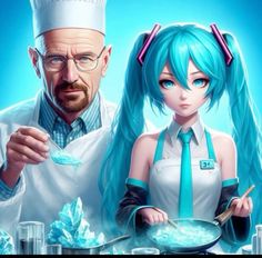 a man and woman cooking together in front of a blue background with an image of two people