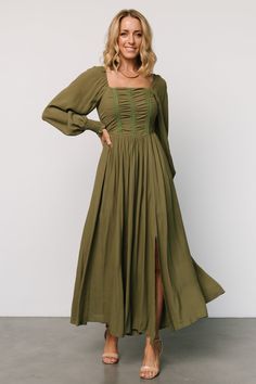 Maddalena Maxi Dress | Olive Eucalyptus Color, Baltic Born, Maxi Dress Navy, Olive Green Color, Fall Skirts, Flowy Skirt, Cup Size, Square Neckline, Sweater Jacket