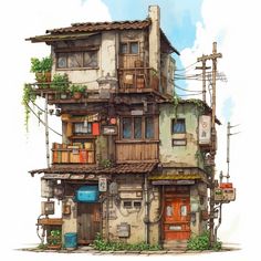 古い三階建て木造住宅 Urban Buildings Architecture, Small House Concept Art, Concept Art Building, Buildings Drawings, Buildings Perspective, Cool Buildings, Building References, Professional Illustration