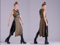 Its the perfect warrior girl hoodie tunic dress!Made from the softest ever ribbed jersey, this insane tunic has a laid back maxi length cut, with 2 super high side slits,  wide arm holes and a cowl neck hoodie.the high quality fabric just fits and flows amazingly with this top, its so flattering and really just one of the comfiest tops you will ever own. plus its cool as hell!Wear it with bootie shorts, tights, cool leggings or just as is for a show stopping festival look. just dont forget to in Post Apocalyptic Clothing, Bootie Shorts, Cool Leggings, Goth Hoodie, Apocalyptic Clothing, Dystopian Fashion, Dress Alternative, Steampunk Dress, Girl Hoodie