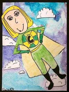 a drawing of a woman flying through the air with a green shirt on her chest