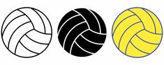 three different types of volleyball balls in black and white, yellow and blue with the same color