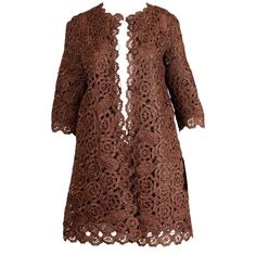 Hand crocheted brown raffia coat or jacket with a scalloped design and matching buttons. Details: Fully Lined Front Button Closure Marked Size: Not Marked Estimated Size: Small-Medium Color: Brown Fabric: Hand Crochet Raffia Measurements: Bust: Up To 40" Waist: Up To 40" Hips: Up To 41" Total Length: 33" Tulle Shawl, Chiffon Coat, Lace Coat, 1920s Outfits, Summer Coats, Cocoon Coat, Bodice Dress, Lace Jacket, Coat Design