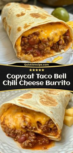 two burritos on a plate with cheese and chili