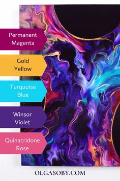 an abstract painting with different colors and names on it's side, including blue, yellow, pink, purple, and black