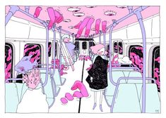 an image of people on a bus with pink decorations