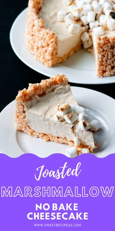 two slices of toasted marshmallow no bake cheesecake on white plates