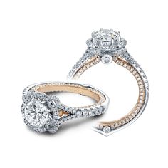 two engagement rings with diamonds on them