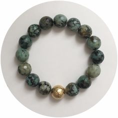 African Turquoise with Hammered Gold Accent - Oriana Lamarca LLC Healing Turquoise Faceted Jewelry, Faceted Turquoise Rondelle Jewelry, Turquoise Rondelle Faceted Jewelry, Gray Gemstones, Safari Chic, Filigree Bracelet, Hematite Bracelet, African Turquoise, Brass Bracelet