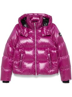 dark pink down-feather filling padded design two-way zip fastening high neck detachable drawstring hood long sleeves elasticated cuffs appliqué logo front zip fastening pockets internal zip-fastening pockets full lining drawstring hem Pink Nylon Puffer Jacket With Padded Collar, Pink Down Puffer Jacket With Detachable Hood, Pink Down Puffer Jacket With Padded Collar, Pink Nylon Outerwear With Zipper Closure, Moose Knuckles, Yoko London, Chanel 2, Iconic Bags, Demi Fine Jewelry