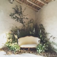 a couch sitting in the middle of a room filled with plants