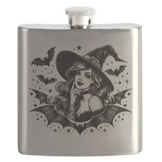 a flask with a woman wearing a witches hat and bats on the side,