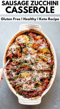 sausage zucchini casserole with text overlay