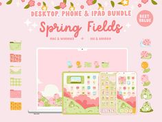 the desktop phone and ipad bundle for spring fields is on display in front of a pink background