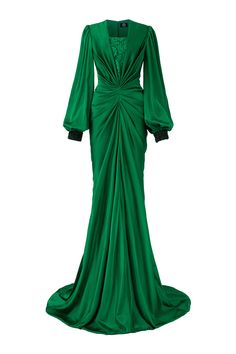 Women's Jazmine Gathered Bouffant Sleeved Silk Lace Extra Long Length Dress XS/S/M/L/XL/XXL/Customize Green MEAN BLVD Long Length Dresses, Luxurious Dresses, Knitwear Outfit, Happy Clothes, Mean Blvd, فستان سهرة, Silk Lace, Silk Gown, Plunge Neckline