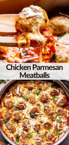 the chicken parmesan meatballs are being lifted out of the casserole dish