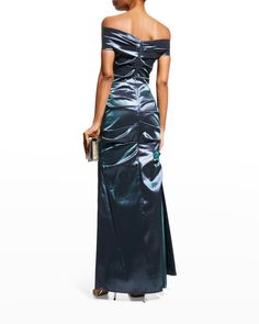 Rickie Freeman for Teri Jon gown in stretch taffeta. Off-the-shoulder neckline. Cap sleeves. Ruched bodice. Trumpet silhouette. Floor length. Vented back. Back zipper. Polyester/nylon/spandex. Imported. Taffeta Gown, Trumpet Silhouette, Teri Jon, Ruched Bodice, Floor Length, Cap Sleeves, Neiman Marcus, Christian Louboutin, Off The Shoulder