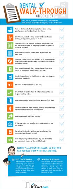 the rental walk through checklist is shown in blue and orange, with an image of a
