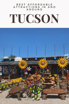 an outdoor art exhibit with sunflowers on display and the words, best affordable attractions in