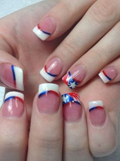 white French tips with American flag accents Memorial Day Nails Red White Blue, Red White And Blue Nails, White And Blue Nails, American Manicure, Nails Painted, Natural Acrylic, Nail Tip Designs