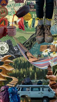 a collage of various items including a van, trees and mountains