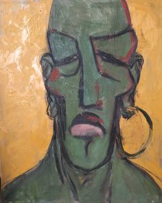 an abstract painting of a green man with red eyes and nose ring on his ear