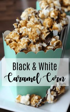 black and white caramel corn on a plate with text overlay that reads, black and white caramel corn