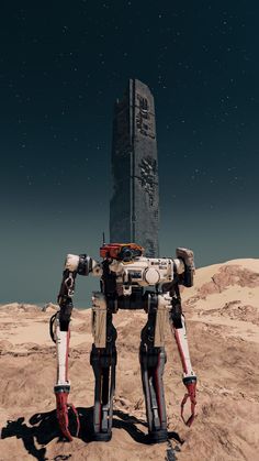 a robot standing on top of a desert covered ground next to a tall structure in the distance