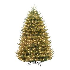 a christmas tree with white lights on it's branches and a black stand in front of a white background