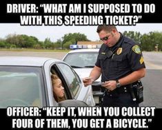 a police officer standing next to a woman in a car with the caption'driver, what am i supposed to do with this speeding ticket? '