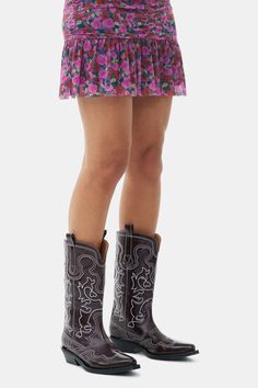 These Burgundy Mid Shaft Embroidered Western Boots feature a pointed toe and embroidered detailing. The shoes have a low, angled heel and pull tabs. GANNI Burgundy Mid Shaft Embroidered Western Boots | Women's Size 10 Western Burgundy Boots With Round Toe, Western Burgundy Leather Boots, Ganni Western Boots, Burgundy Crocodile Boots, Western Style Red Mid-calf Boots With Pointed Toe, Ganni T Shirt, Lace Dress Long, Burgundy Color, New Arrival Dress