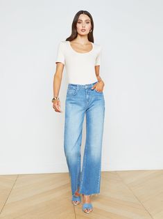 L'AGENCE - Tiana High-Rise Wide-Leg Jean in Seneca Pastel Knits, Structured Jacket, Knit Denim, Summer 24, Denim Shoes, Perfect Jeans, Denim Flares, Denim Pant, Look Cool