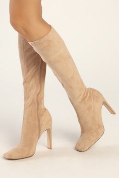 Dress to impress from head to toe with the Lulus Loriah Light Nude Suede Square Toe Knee High Boots! These chic boots have a smooth, faux suede construction that shapes a square toe upper that rises to a 15"" shaft with a 12"" circumference, all atop a sleek blade heel. A 16"" zipper at the instep allows for easy on and off! 4. 25" wrapped blade heel. Cushioned insole. Felted rubber sole has nonskid markings. Man made materials. Imported. Lulus | Loriah Light Nude Suede Square Toe Knee High High Square Toe Knee High Boots, Tan Heeled Boots, Tan Knee High Boots, Suede High Heel Boots, Tan High Heels, Nude Boots, Chic Boots, Lulu Fashion, Dream School