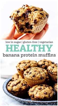 healthy banana protein muffins with chocolate chips in the middle and text overlay reading low in sugar gluten - free vegetarian healthy banana protein muffins