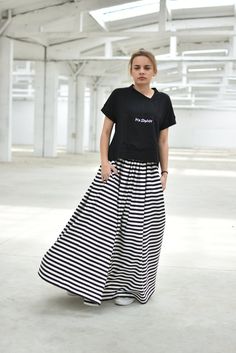 "Striped Maxi Skirt, High Waist Skirt, Plus Size Clothing ◈ Stylish and chic fashion is our shared dream! You can be sure that this piece is made with a lot of love and craftsmanship. ◈ S I Z I N G ◈ This item is available from XS to 4XL. Please, have a look at my Size Chart below before placing your order. ◈ D E L I V E R Y ◈ This item will be shipped in up to 5 days after your order was placed. We use Express worldwide shipping for all of our items. Shipping usually takes: ✈ 2-3 biz days to US Black Cotton Flowy Maxi Skirt, Casual Full Skirt Bottoms, Casual Black Skirted Dress, Black Cotton Maxi Skirt For Summer, Summer Black Cotton Maxi Skirt, Casual Black Full Skirt Bottoms, Casual Black Flared Dress, Casual Cotton Flared Maxi Skirt, Trendy Relaxed Maxi Skirt