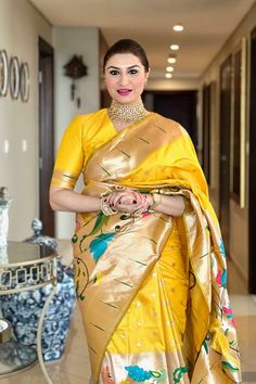 Gold Paithani Saree, Yellow Paithani Saree, Yellow Paithani, Yellow Sarees, Saree Paithani, Paithani Silk Saree, Saree Kanjivaram, Saree Women, Saree Work