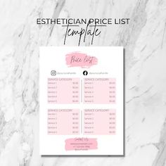 a price list with pink watercolor paint on it and the words, esthetician price