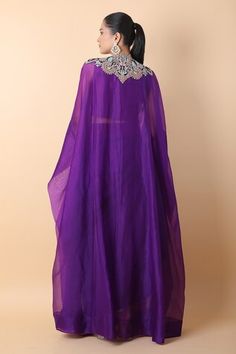 Purple cape with floral and thread embroidered border. Comes with a skirt and a bustier. - Aza Fashions Bollywood Embroidered Dress With Cape Sleeves, Elegant Embroidered Cape-style Dupatta, Fitted Embroidered Cape Sets, Festival Embroidered Dupatta With Cape Sleeves, Anamika Khanna Cape, Purple Cape, Round Border, Anamika Khanna, Flared Sleeves