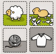 four squares with sheep, sweaters and balls of yarn