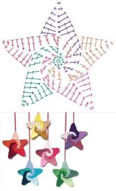 crocheted star ornament hanging from strings